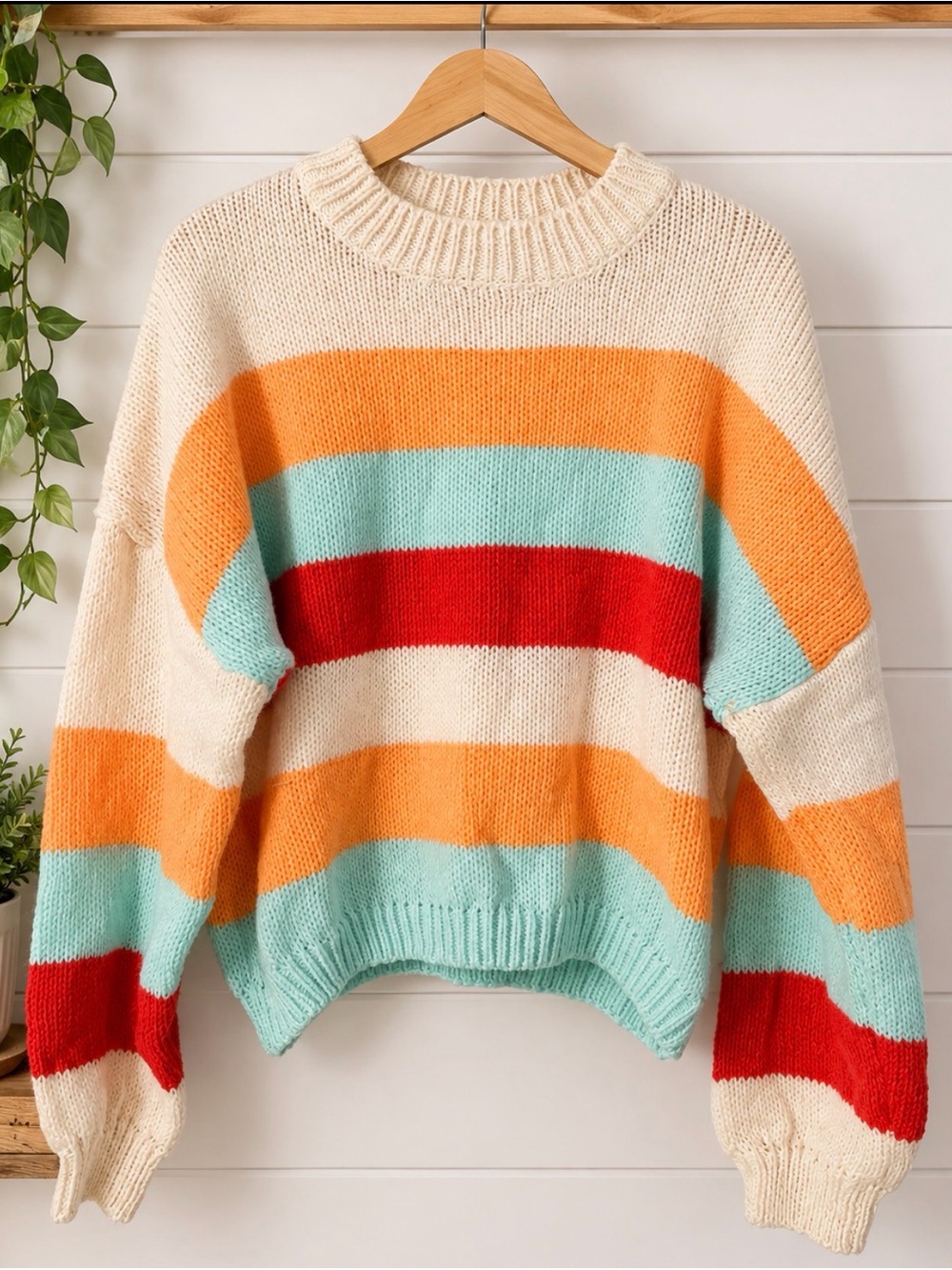 Cream Striped Crewneck Sweater with Orange, Aqua & Red Bands